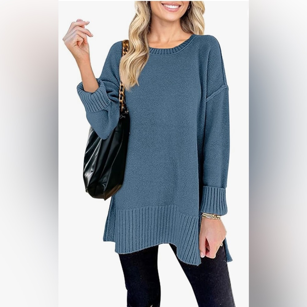 MEROKEETY Women's Casual Crew Neck Side Split Pullover sweater medium
